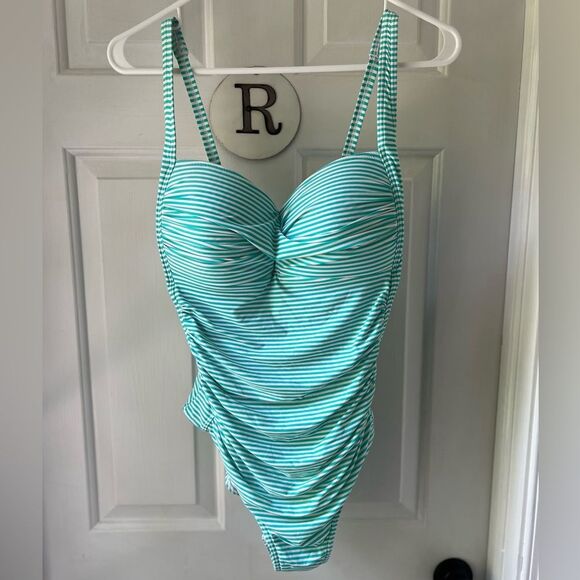 Bond eye Australia teal/white striped one piece bathing suit flattering 14 US - Picture 2 of 6